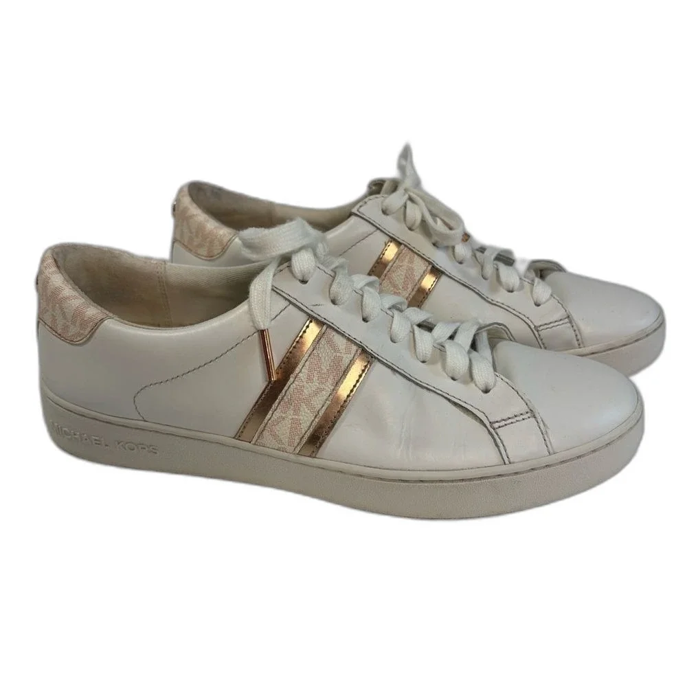 Michael Kors Irving‎ Stripe Sneakers Womens 9M White Rose Gold Leather Logo